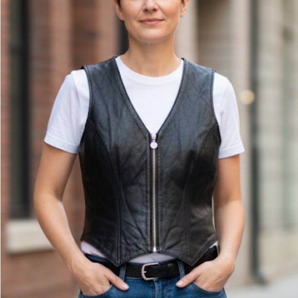 Casual Corner Jackets & Blazers - Vtg Casual Corner Black Genuine Leather Vest Ribbed Back Zip Up Moto Fitted M